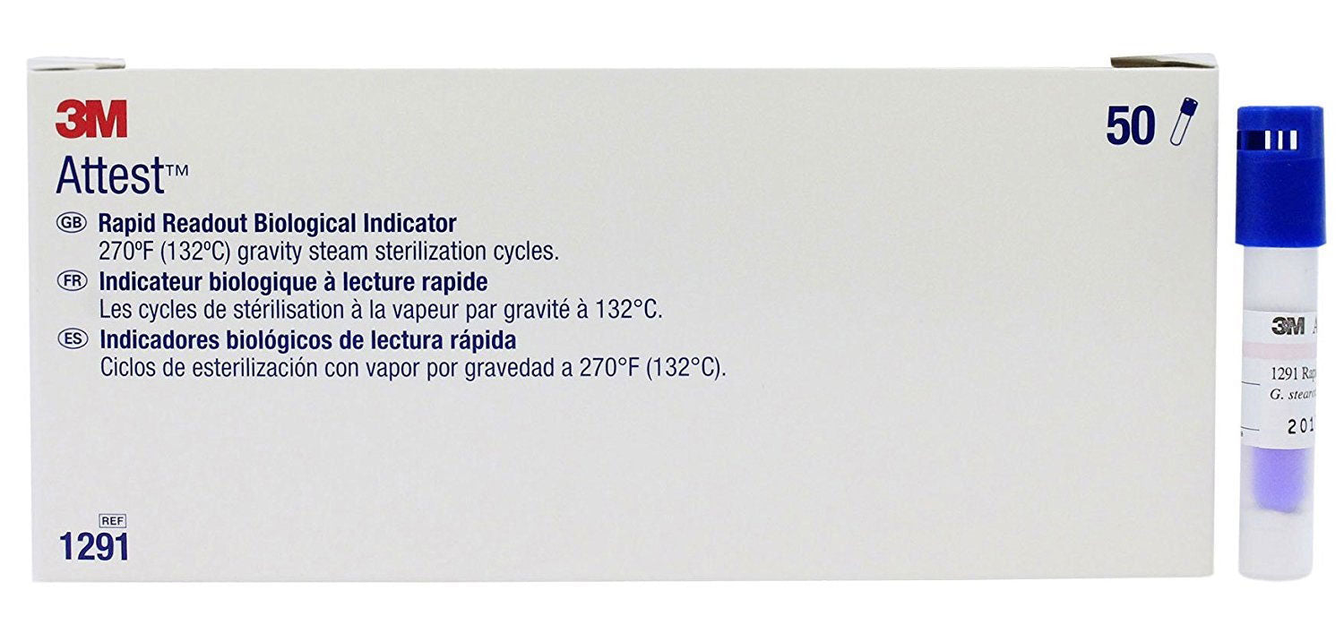3M ESPE 1291 Attest Rapid Readout Steam Biological Indicators Blue 50/Pk 3M ESPE 1291 Attest Rapid Readout Steam Biological Indicators Blue 50/Pk